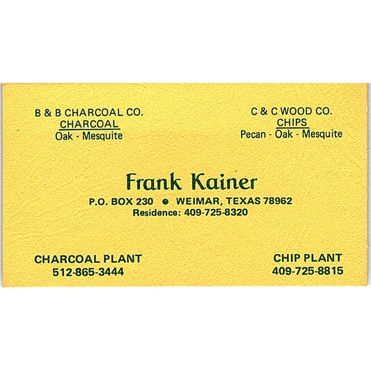 B&B Charcoal Co Frank Kainer Weimar TX Vintage Business Card SD9-B4