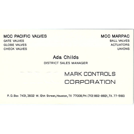 Ada Childs Mark Controls Corporation Houston Vintage Business Card SE5-B3
