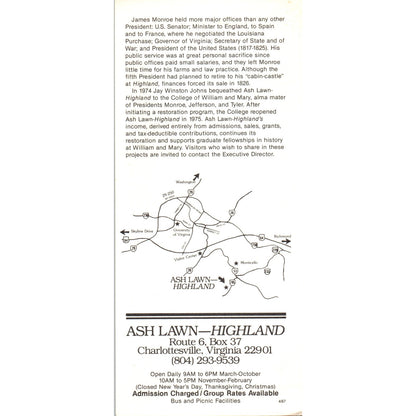 Vintage Ash Lawn Highland James Monroe Home Charlottesville VA Info Card TH2-O1