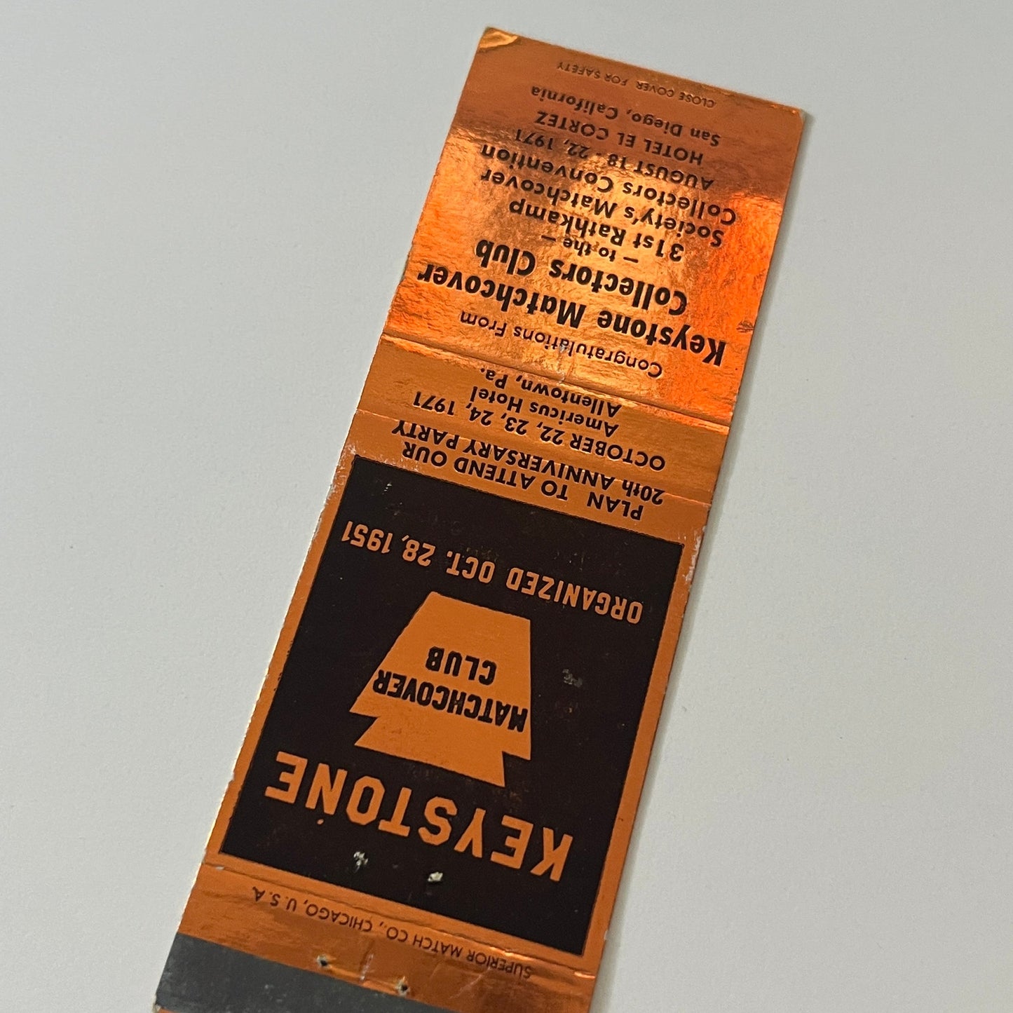 1971 Keystone Matchcover Collectors Club San Diego CA Matchbook Cover TB6-MB2-5