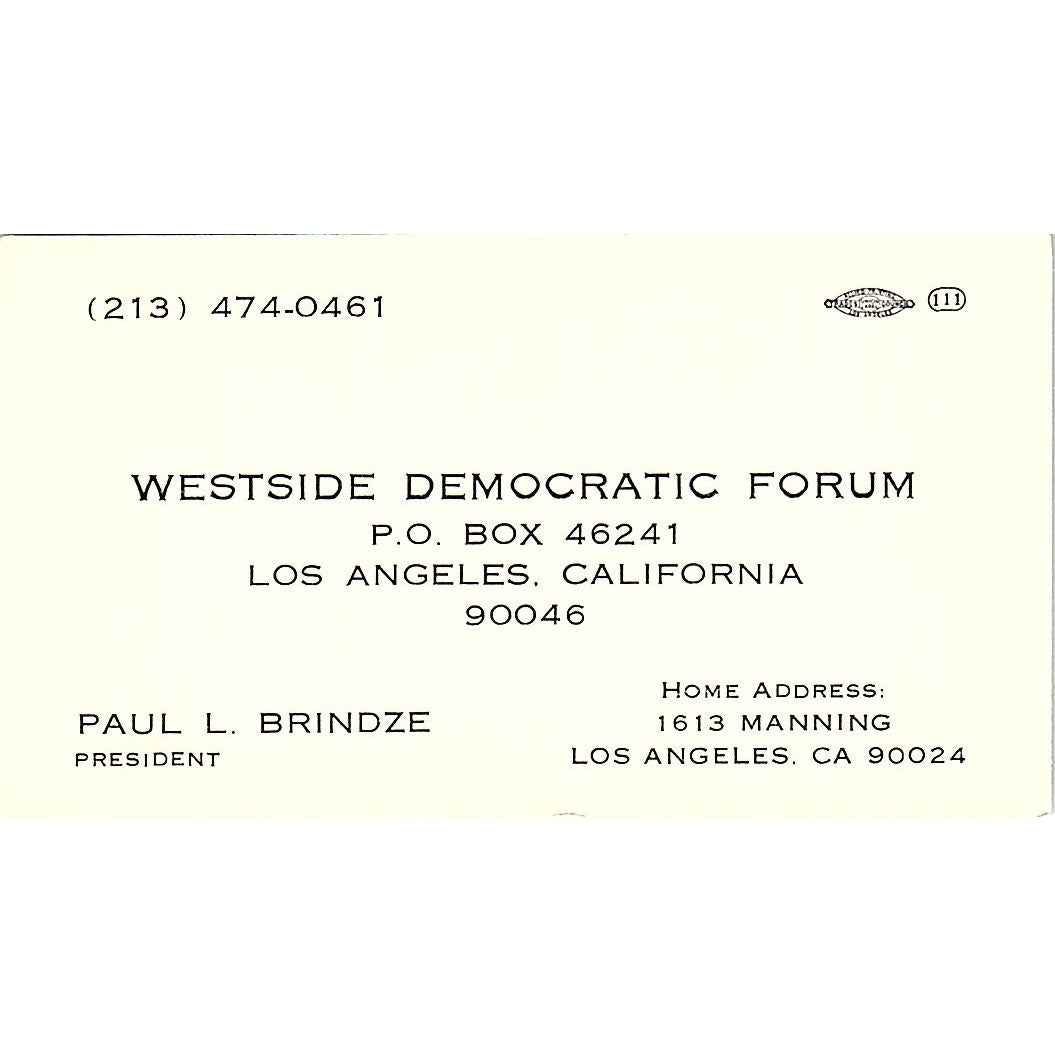 Westside Democratic Forum Paul L. Brindze LA Calif Vintage Business Card SF3-B3