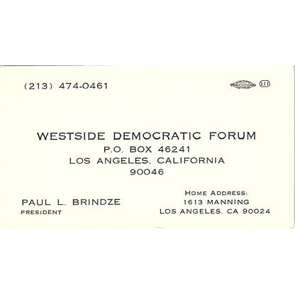Westside Democratic Forum Paul L. Brindze LA Calif Vintage Business Card SF3-B3