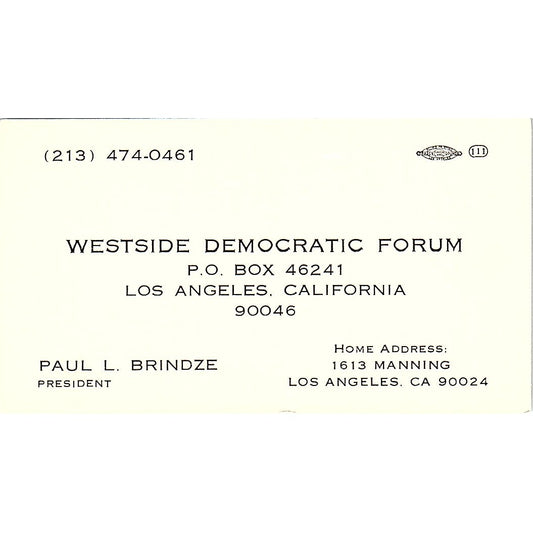 Westside Democratic Forum Paul L. Brindze LA Calif Vintage Business Card SF3-B3