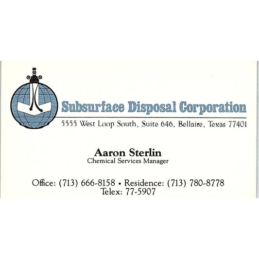 Subsurface Disposal Corporation Aaron Sterlin Bellaire TX Business Card SF3-B9