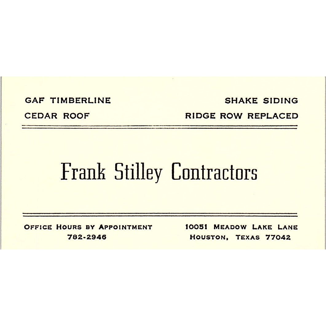 Frank Stilley Contractors Houston Vintage Business Card SD9-B7