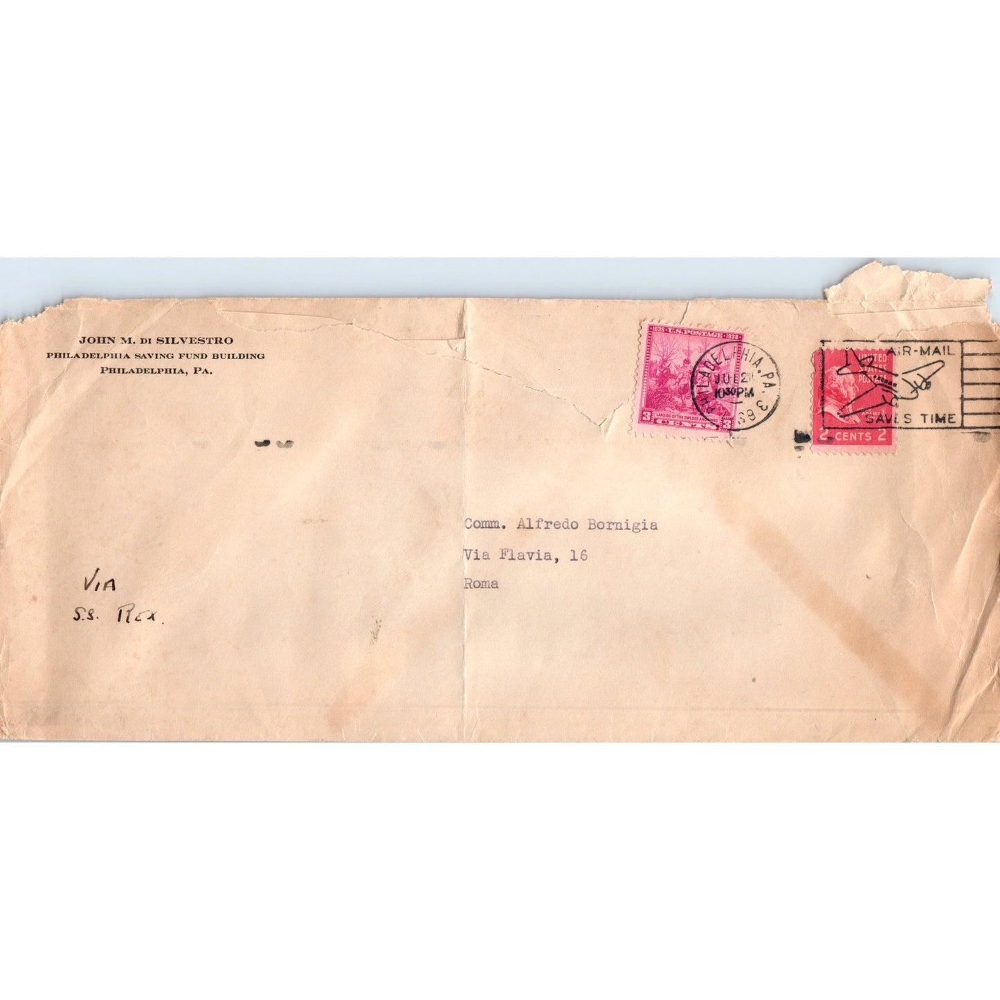 1939 John Silvestro Airmail to Comm Alfredo Bornigia Rome Envelope TH9-L2