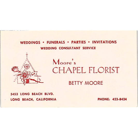 Moore's Chapel Florist Betty Moore Long Beach CA Vintage Business Card SF3-B8