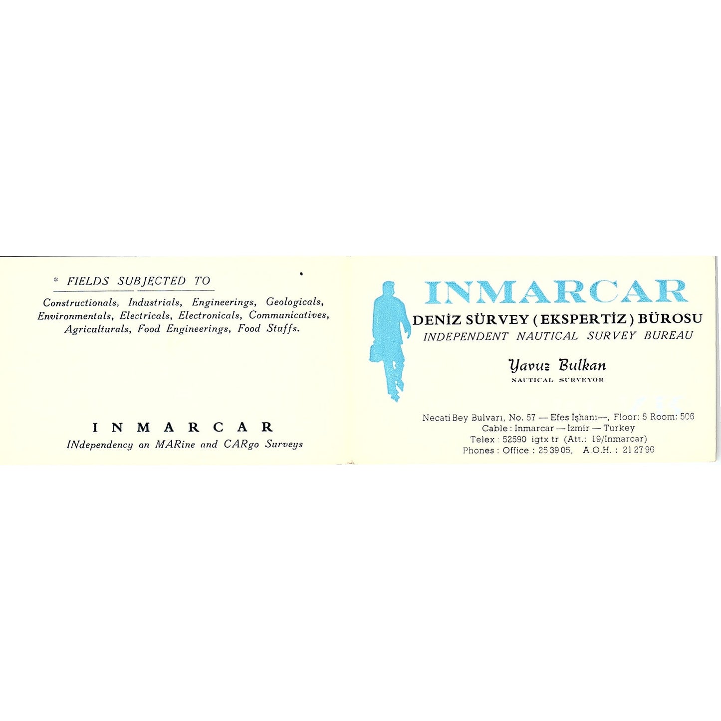 Inmarcar Deniz Survey Bürosu Yavuz Bulkan Izmir Turkey Vtg Business Card TH2-B2
