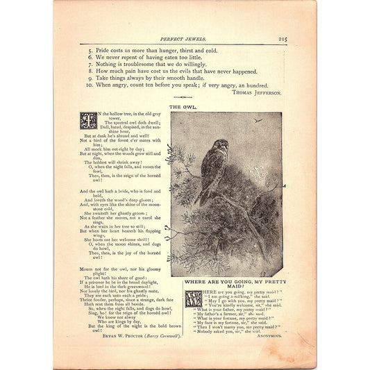 The Owl - Bryan W Proctor, Prose & Song John Sterling 1884 Poem TA5-CJ-2