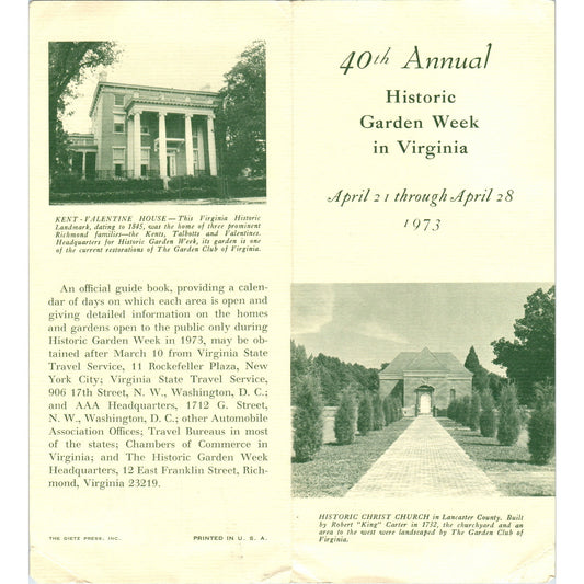 1973 40th Annual Historic Garden Week in Virginia Travel Brochure TF4-B1