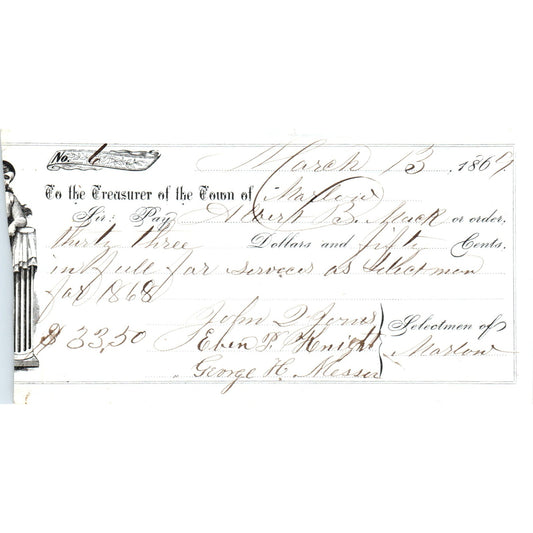 1869 Marlow NH George H. Messer John Q. Jones Eben P. Knight Receipt D24