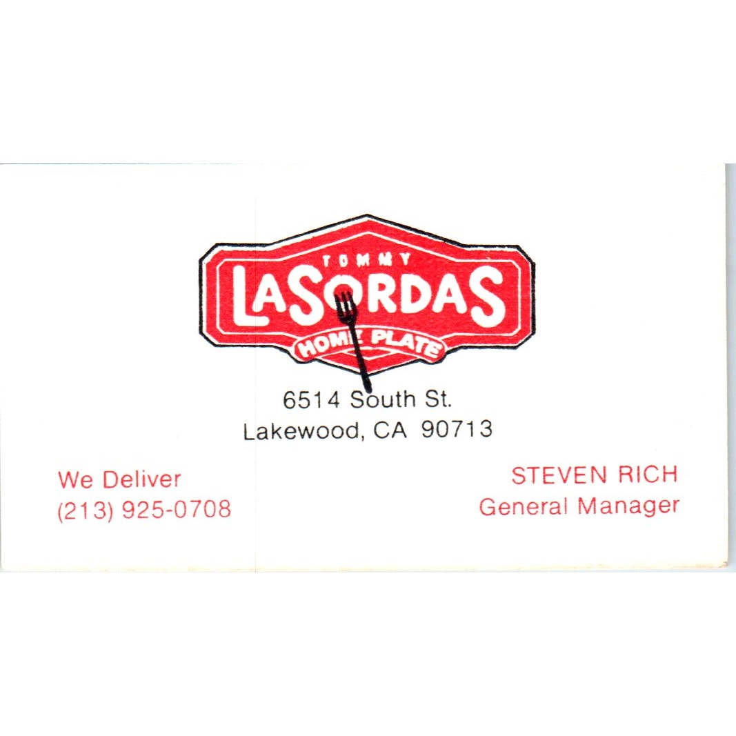 Tommy Lasorda's Home Plate Restaurant Lakewood CA Vintage Business Card SD8-B18
