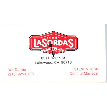Tommy Lasorda's Home Plate Restaurant Lakewood CA Vintage Business Card SD8-B18