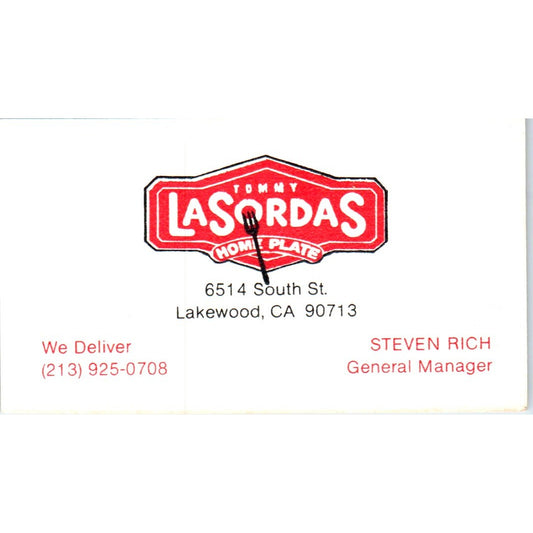 Tommy Lasorda's Home Plate Restaurant Lakewood CA Vintage Business Card SD8-B18