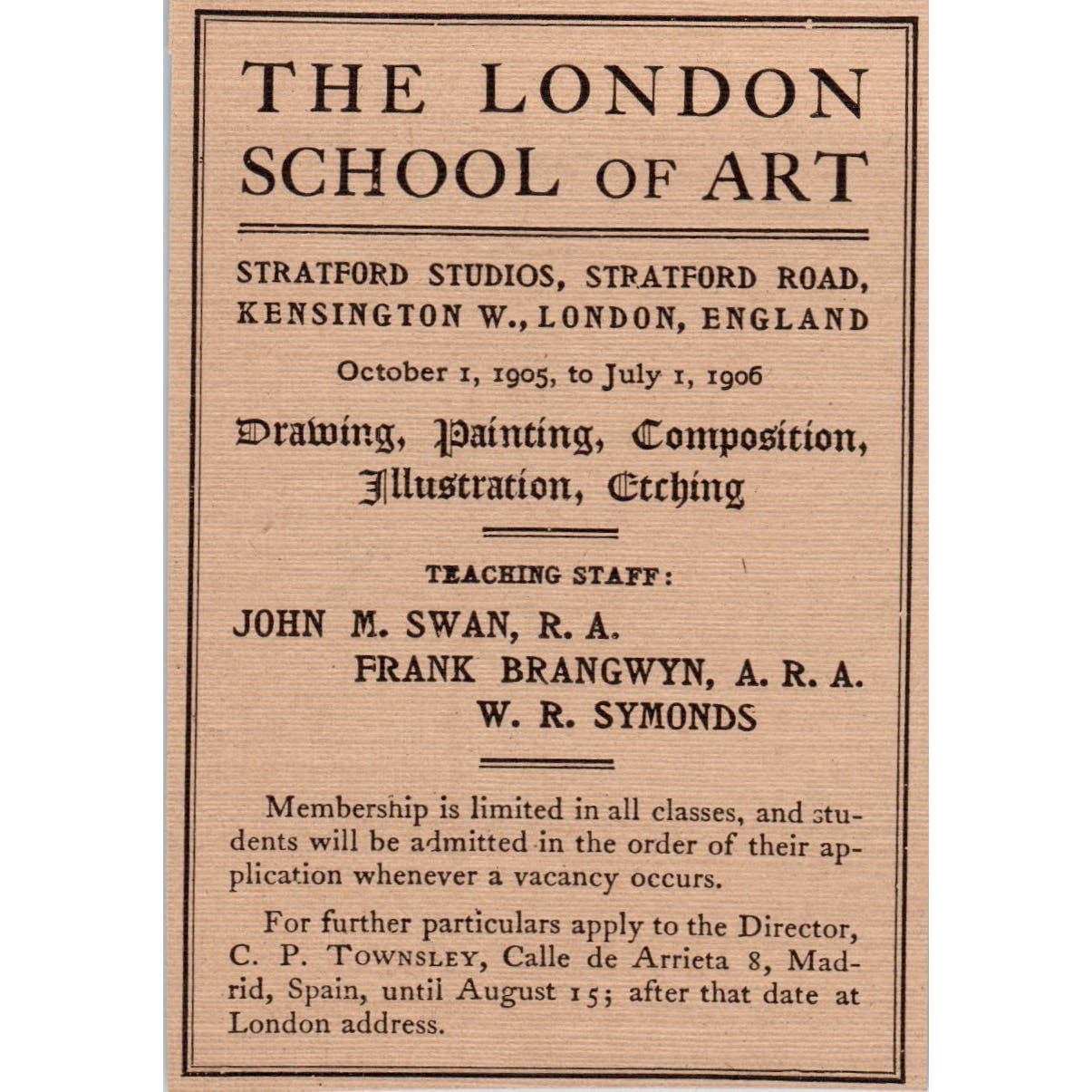 The London School of Art John M. Swan Frank Brangwyn c1905 Victorian Ad AE9-MA7