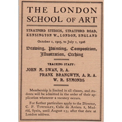 The London School of Art John M. Swan Frank Brangwyn c1905 Victorian Ad AE9-MA7