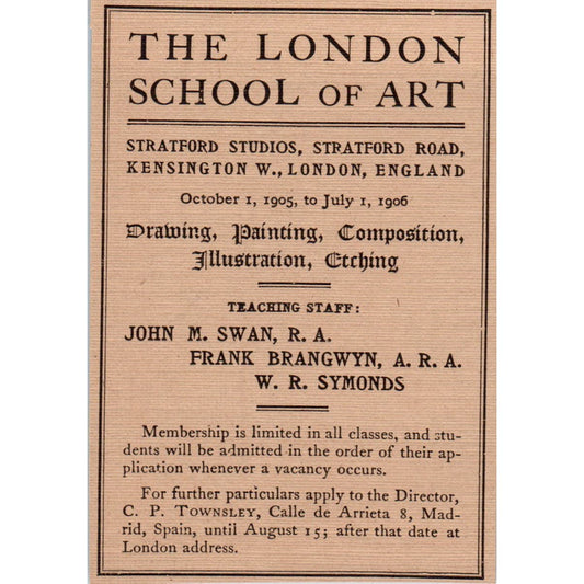 The London School of Art John M. Swan Frank Brangwyn c1905 Victorian Ad AE9-MA7