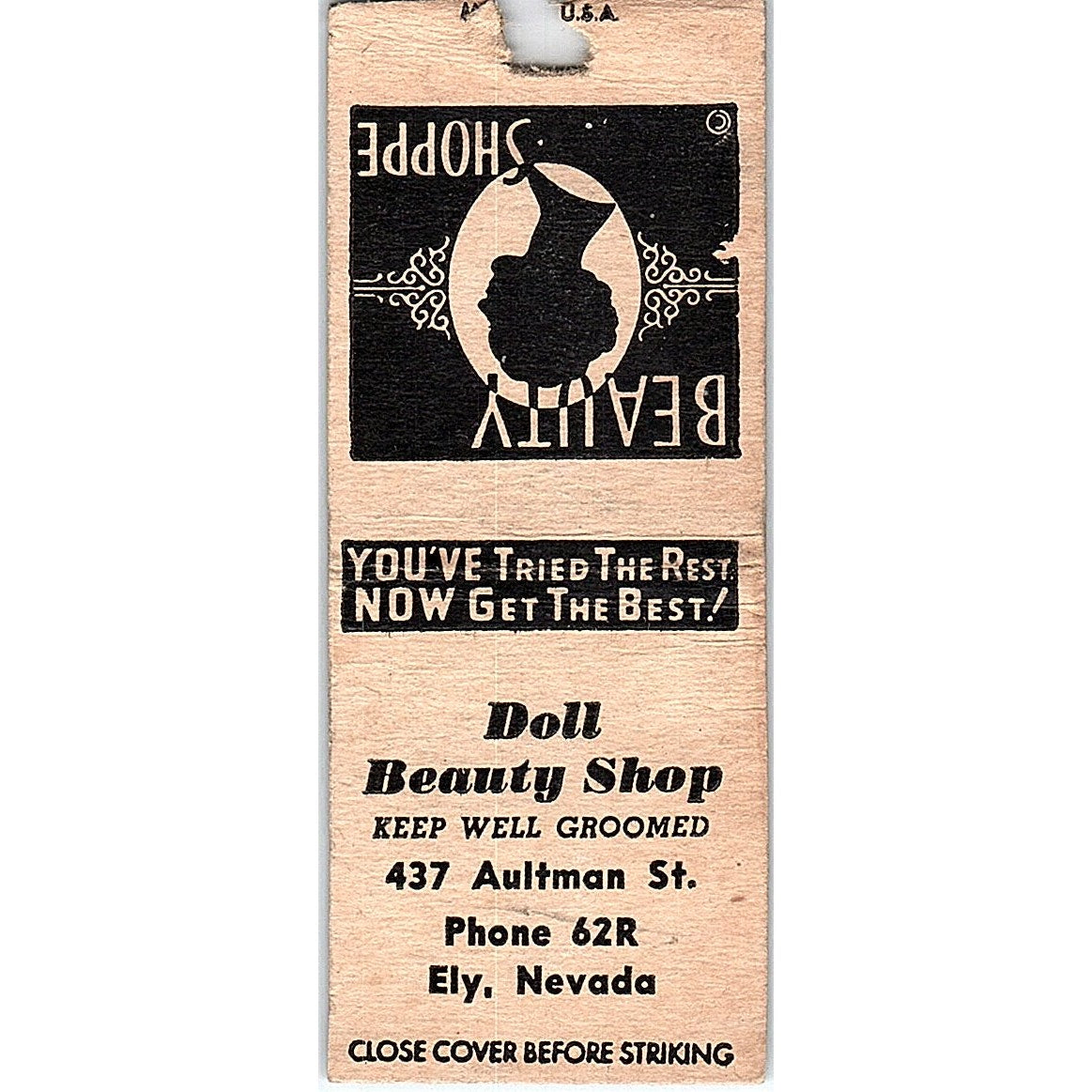Doll Beauty Shop Ely Nevada Vintage Matchbook Cover SC7-Y10