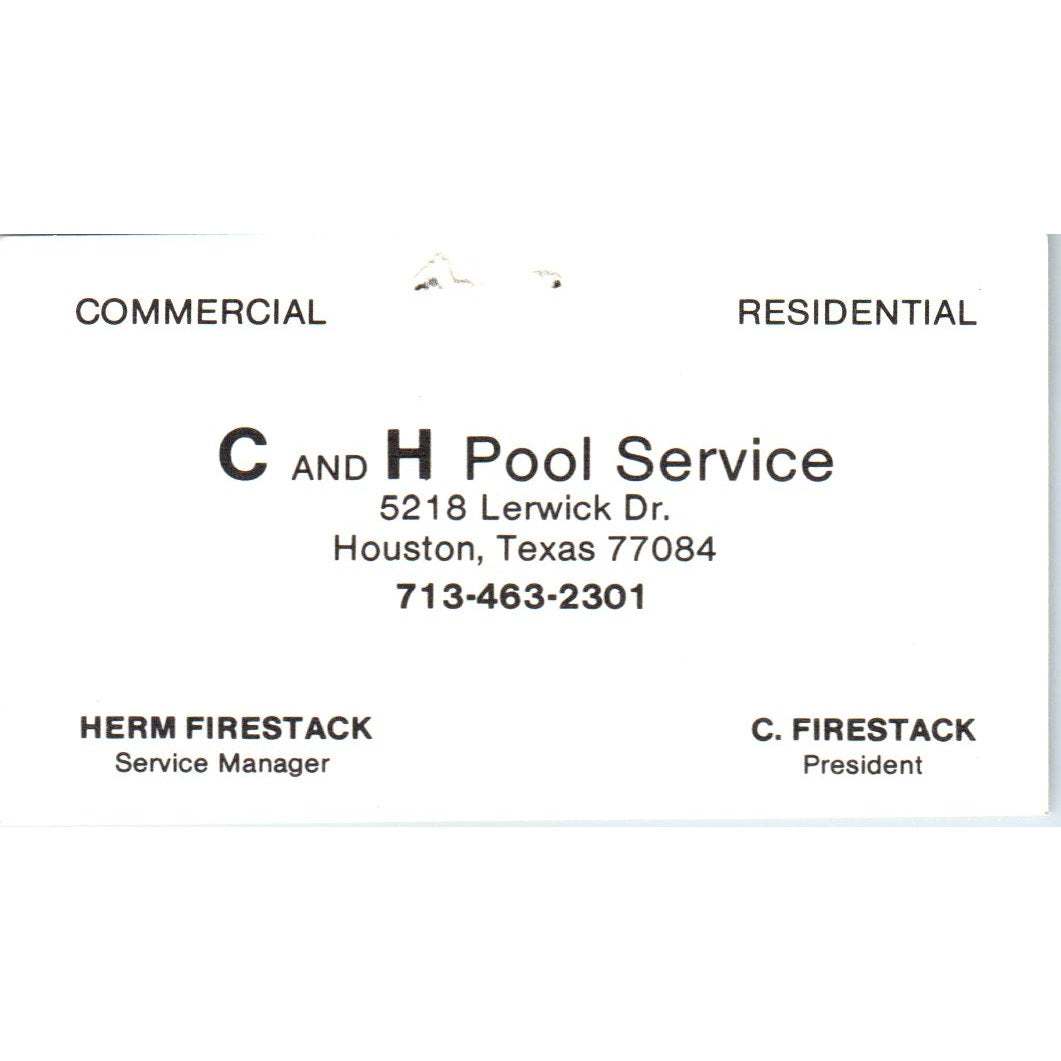 C and H Pool Service Herm Firestack Houston TX Vintage Business Card SD4-B2