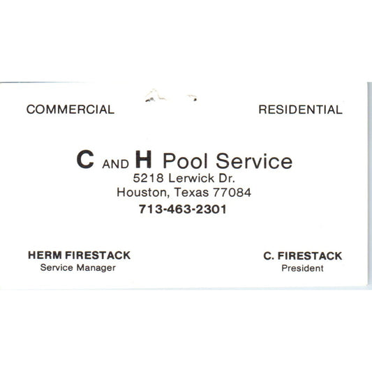 C and H Pool Service Herm Firestack Houston TX Vintage Business Card SD4-B2