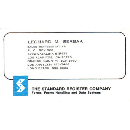 Leonard M. Serbak Standard Register Co Los Alamitos Vintage Business Card SE3-B3