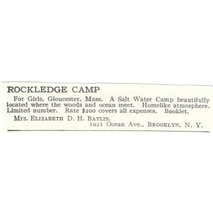 Rockledge Camp Gloucester MA Elizabeth D.H. Baylis c1918 Advertisement AE5-SA10