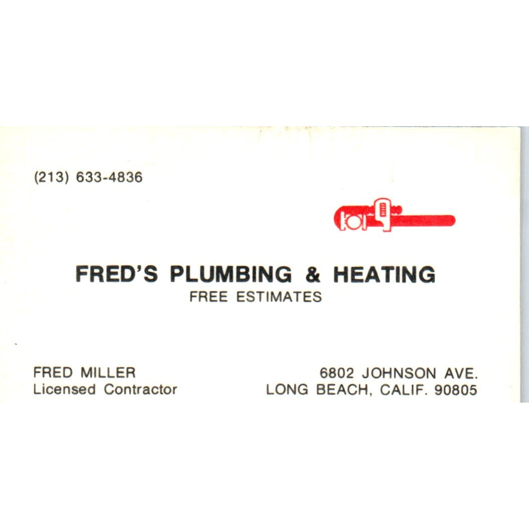 Fred's Plumbing & Heating Fred Miller Long Beach CA Vintage Business Card SD4-B1