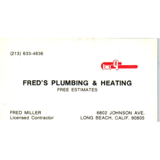 Fred's Plumbing & Heating Fred Miller Long Beach CA Vintage Business Card SD4-B1