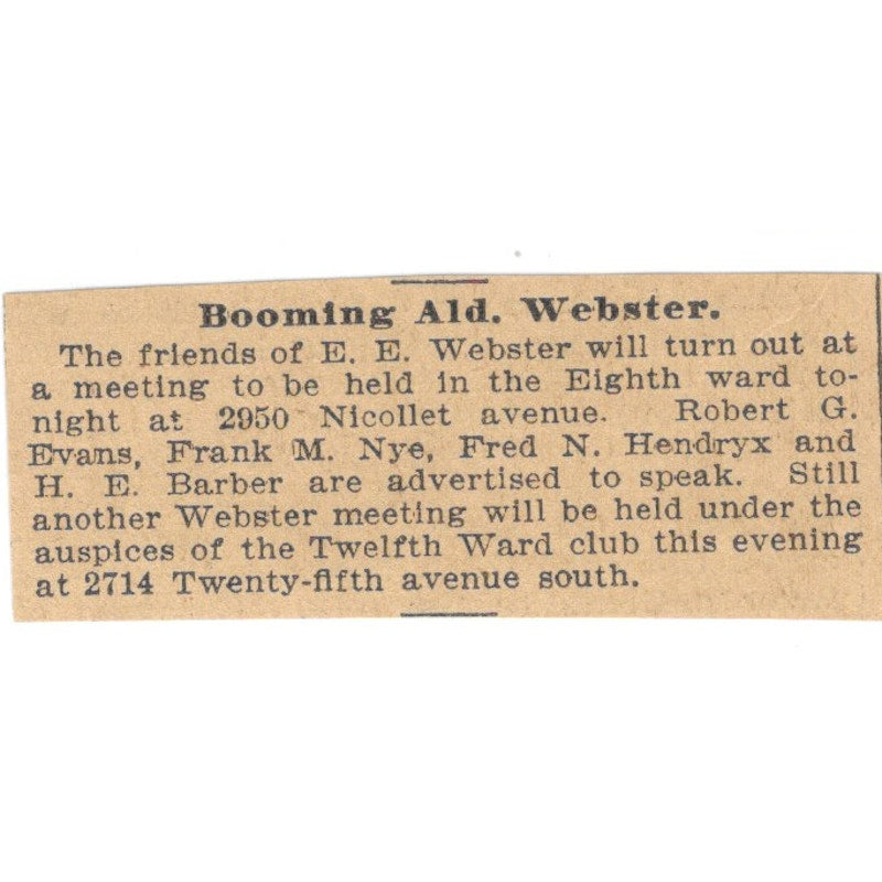 E.E. Webster Eighth Ward Meeting Nicollet Ave St. Paul 1898 Newspaper Ad AF2-S7