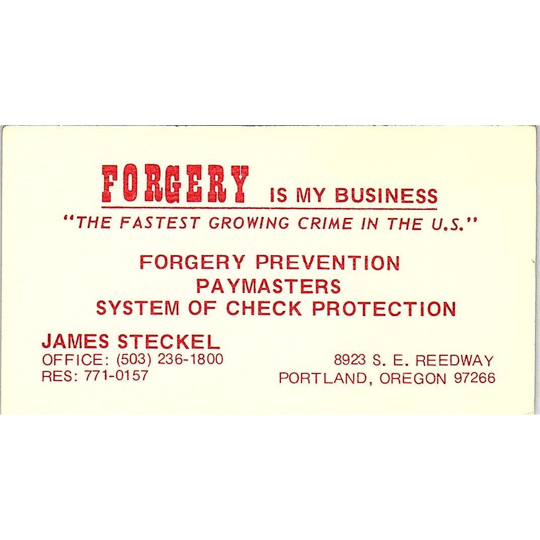 Forgery Prevention Paymasters James Steckel Portland Oregon Business Card SB4-B3