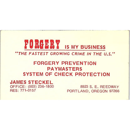 Forgery Prevention Paymasters James Steckel Portland Oregon Business Card SB4-B3