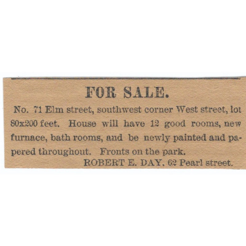 Robert E. Day Elm Street Home Lot Hartford 1886 Newspaper Ad AF7-SS7