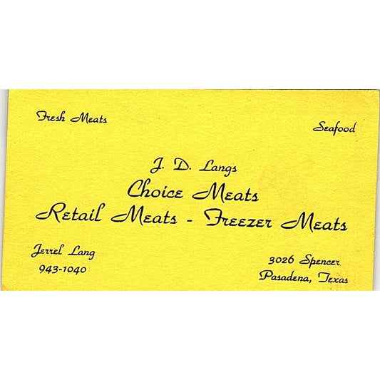 J.D. Langs Choice Meats Pasadena TX Vintage Business Card SD9-B12