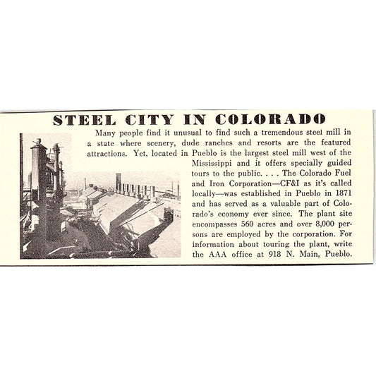 Colorado Fuel & Iron Corporation Steel City Pueblo CO 1958 Ad AG1-M1