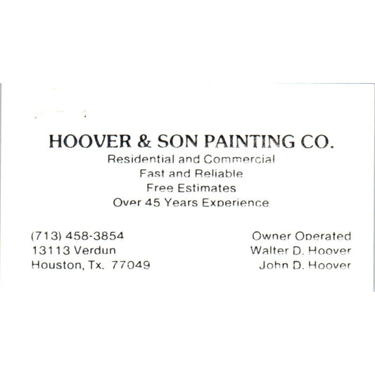 Walter & John Hoover & Son Painting Co Houston TX Vintage Business Card SD8-B14