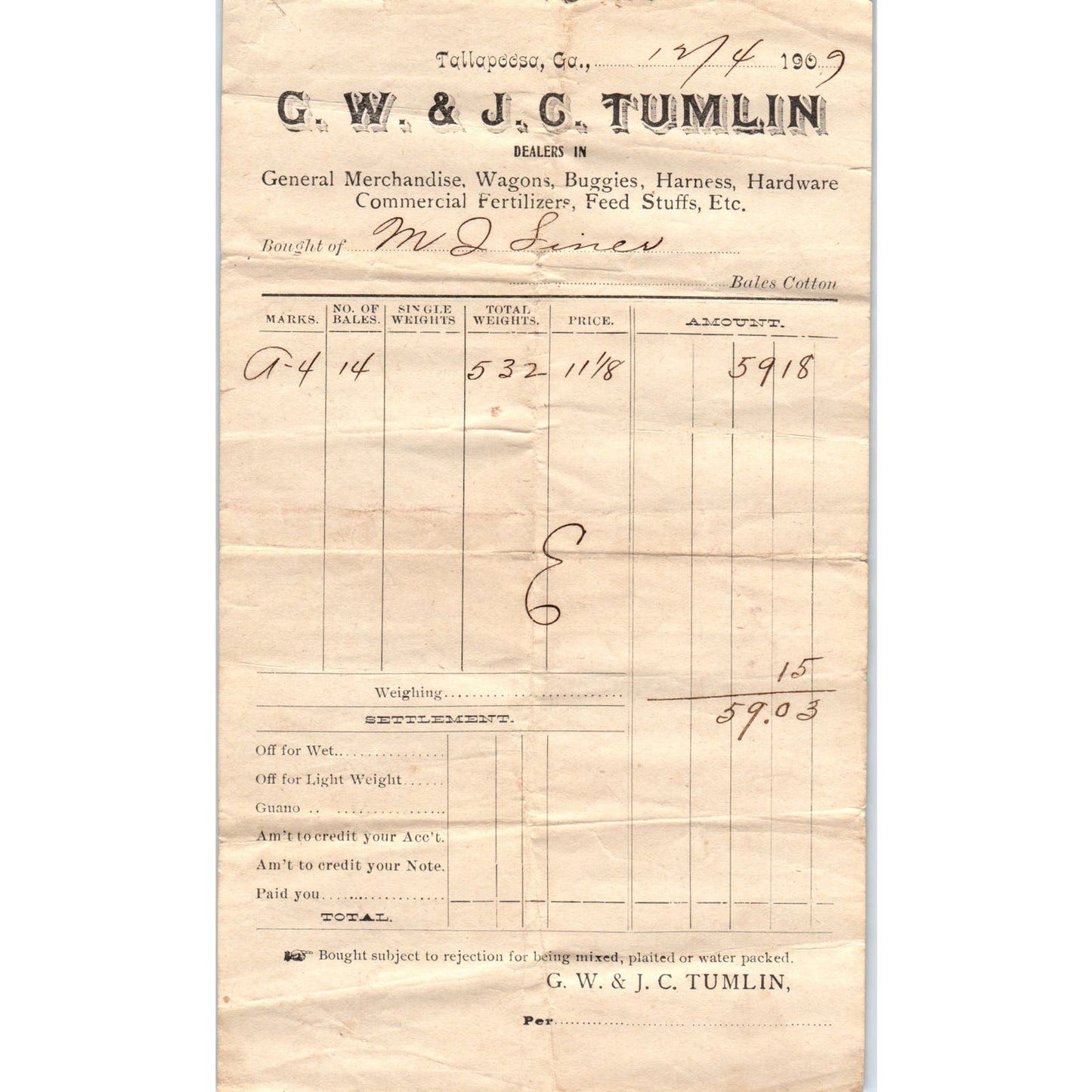 G.W. & J.C. Tumlin Tallapoosa GA 1909 Original Billhead Letterhead Receipt D8-LL