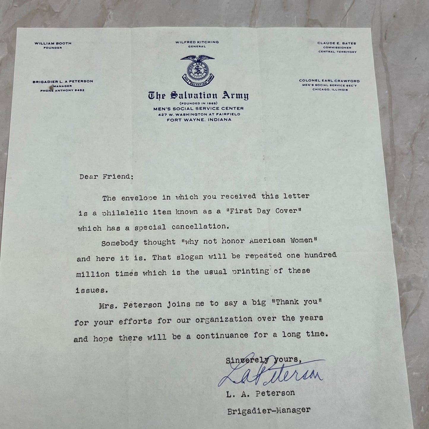 1960 Salvation Army American Woman Stamp First Day Cover With Letter AE4