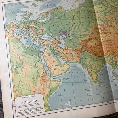 Physical Map of Eurasia 2 Page Fold Out Map 1901 Map V14-1