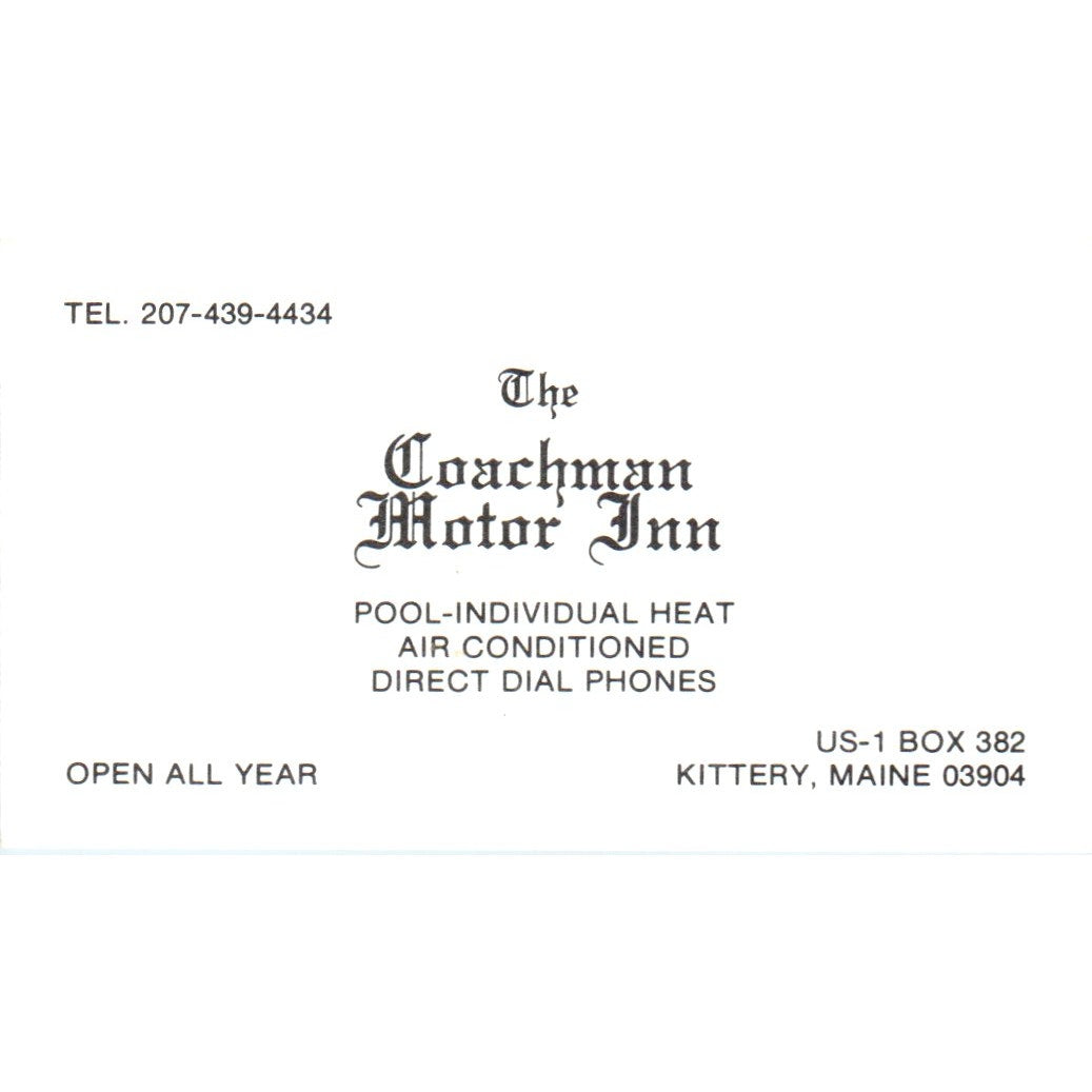 The Coachman Motor Inn Kittery Maine Vintage Business Card SD8-B22
