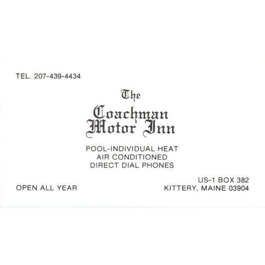 The Coachman Motor Inn Kittery Maine Vintage Business Card SD8-B22