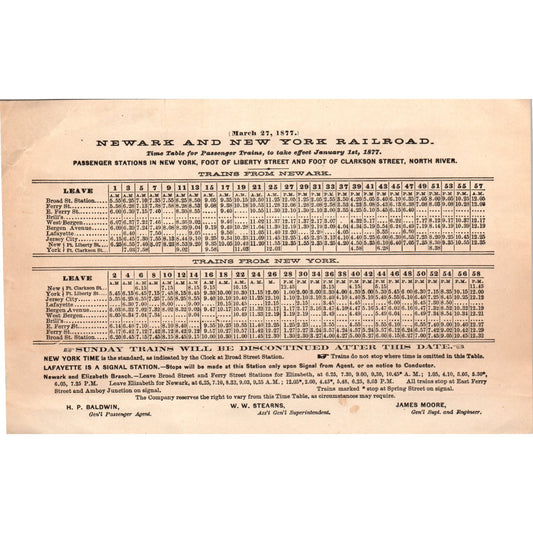 1877 Original Newark and New York Railroad Timetables H.P. Baldwin D18