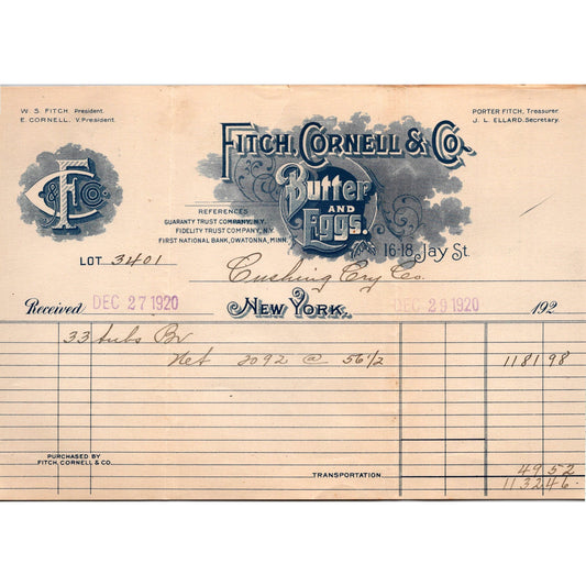 Fitch, Cornell & Co Butter New York W.S. Fitch, E. Cornell 1920 Letterhead K18