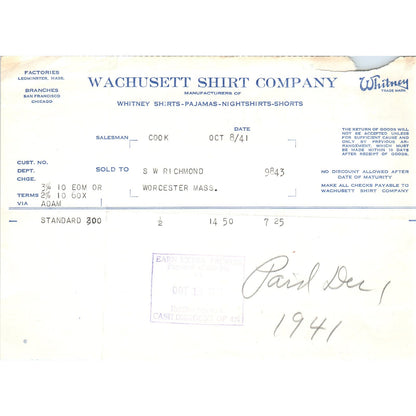 Wachusett Shirt Co Whitney Shirts 1941 Original Billhead Letterhead Receipt D8