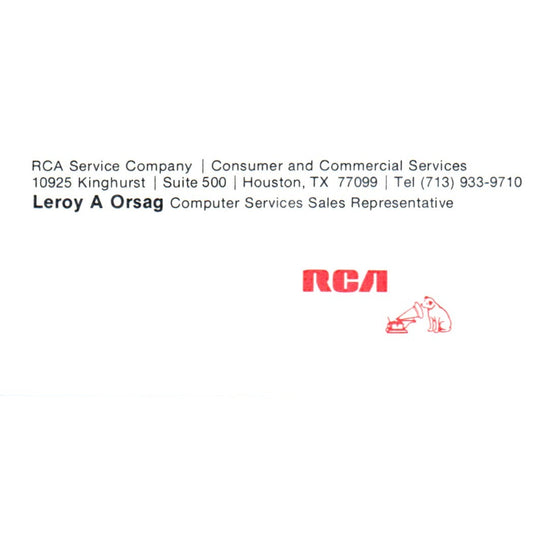 Leroy A Orsag RCA Service Co Houston TX Vintage Business Card SD8-B5