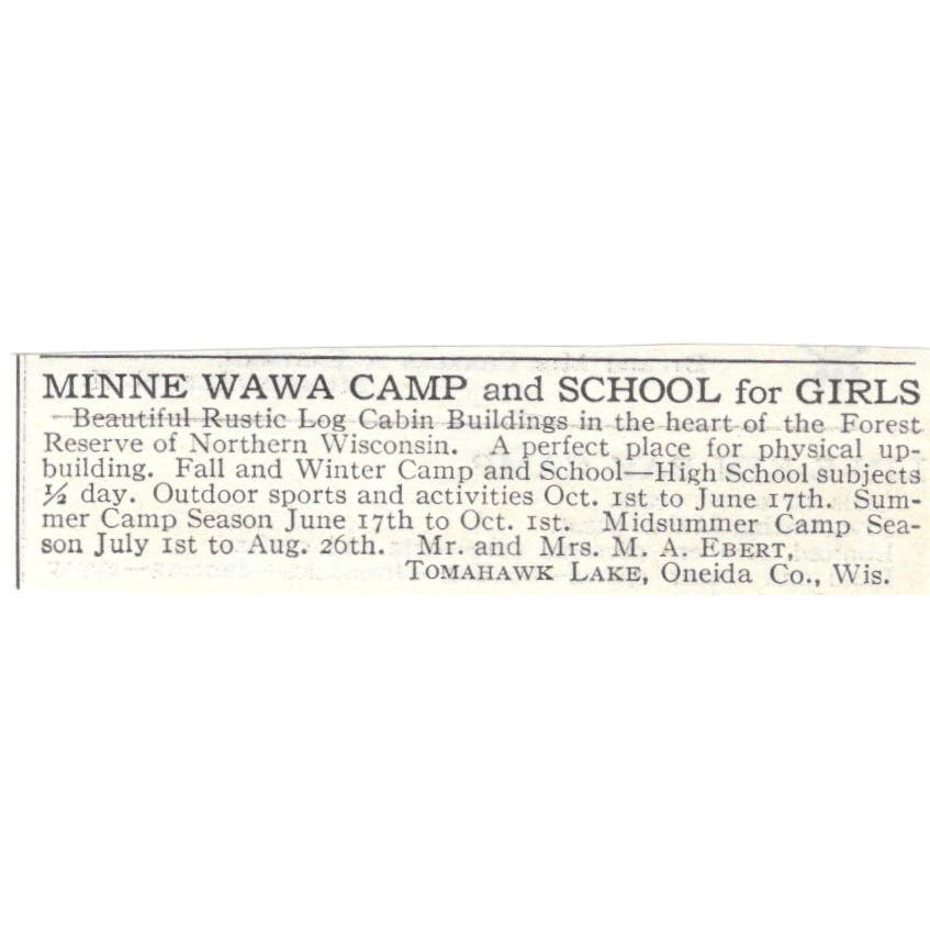 Minne Wawa Camp for Girls Tomahawk Oneida WI c1918 Advertisement AE5-SA10