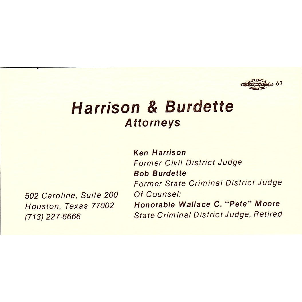 Ken Harrison & Bob Burdette Attorneys Houston Vintage Business Card SC9-B5