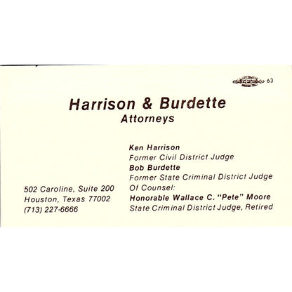 Ken Harrison & Bob Burdette Attorneys Houston Vintage Business Card SC9-B5