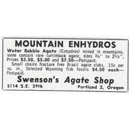 Swenson's Agate Shop Mountain Enhydros Portland OR 1964 Magazine Ad AB6-S8