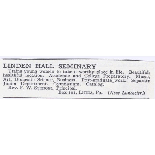 Linden Hall Seminary F.W. Stengel Lancaster PA c1918 Advertisement AE5-SA10