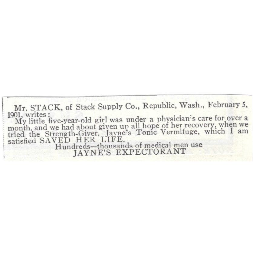 Stack Supply Co Republic Washington Jayne's Expectorant c1918 Ad AE5-SV2